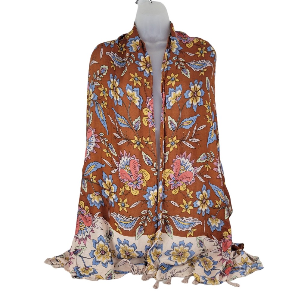 Maurices Shawl Wrap Scarf Floral Multicolor with Tassle Fringe size 26 x 80